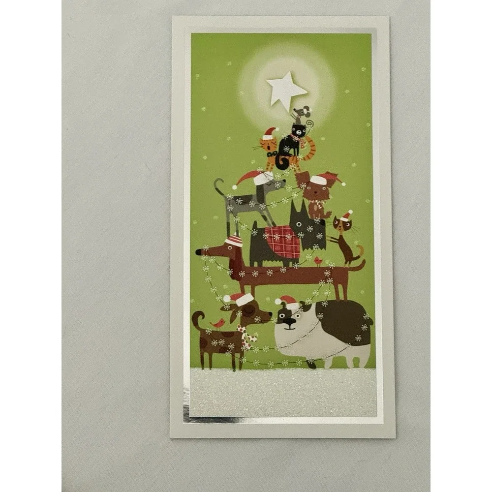 Dogs Cats Christmas Cards Glitter 12 Plus Envelopes Hallmark Holiday No Box